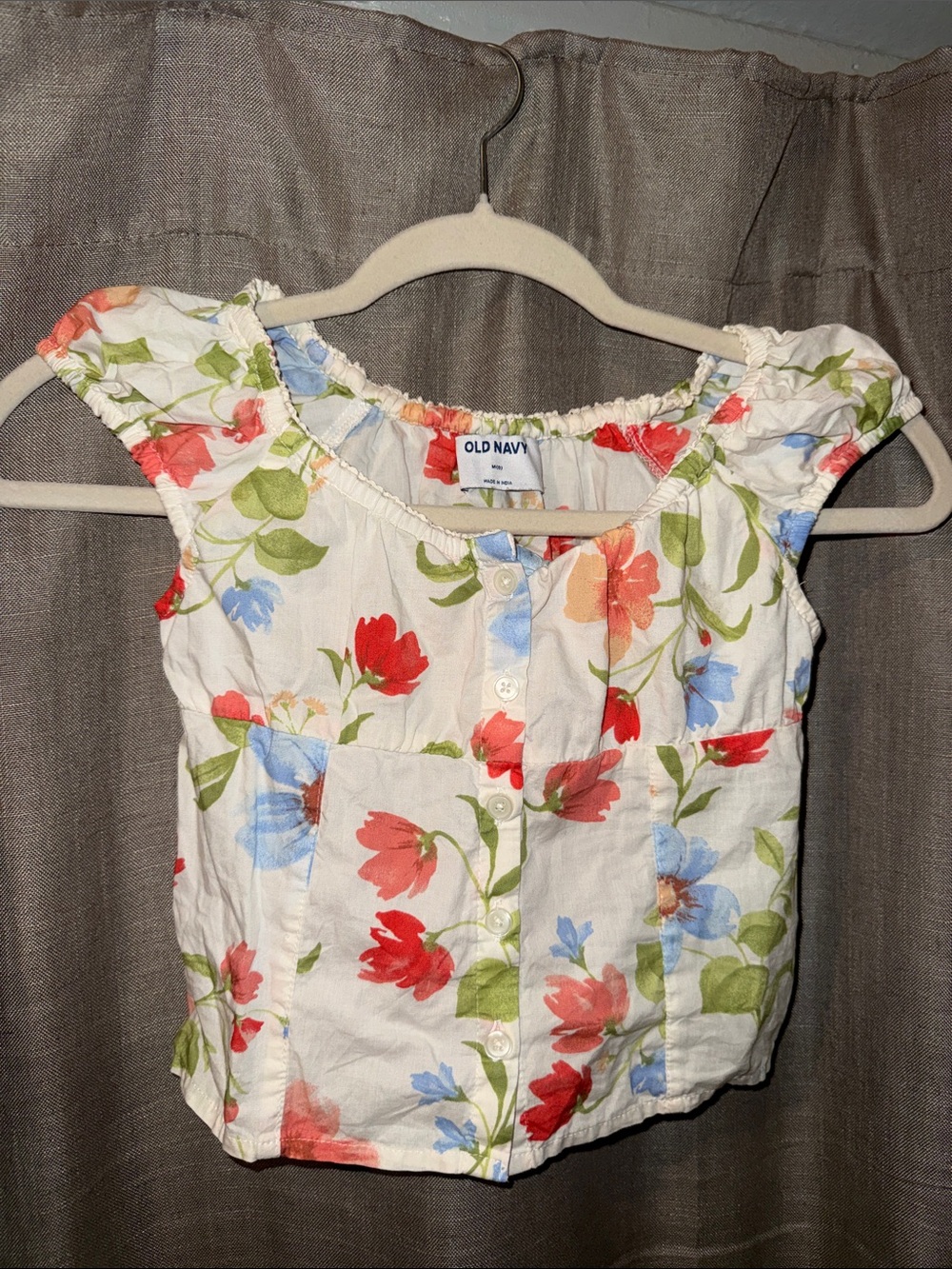 Old Navy White Floral Button Front Girls' Top with Red, Blue & Green Flowers